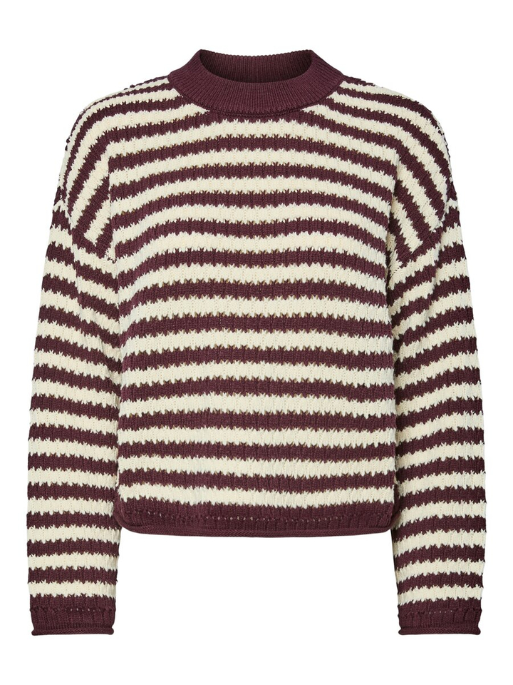 Bordeaux en ecru gestreepte pull met ronde hals Yasporta Y.A.S