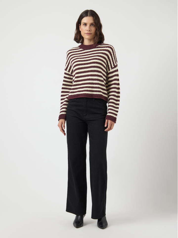 Bordeaux en ecru gestreepte pull met ronde hals Yasporta Y.A.S