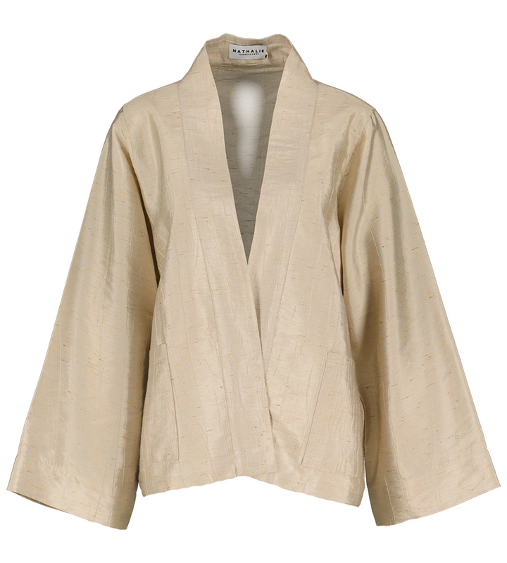 Beige openvallende gilet met kleur detail Flenn Nathalie Vleeschouwer