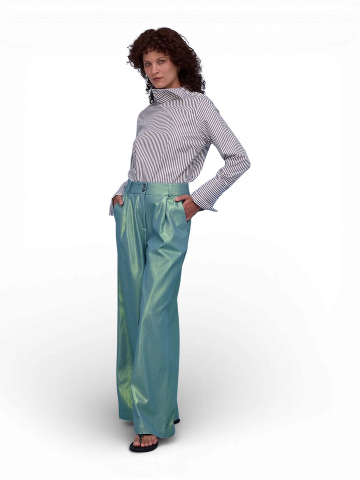 Groene galnzende broek Zoella Nathalie Vleeschouwer 