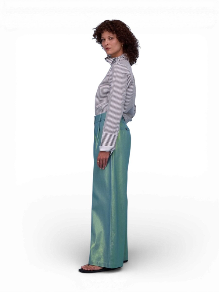 Groene galnzende broek Zoella Nathalie Vleeschouwer 