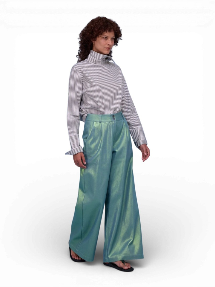 Groene galnzende broek Zoella Nathalie Vleeschouwer 