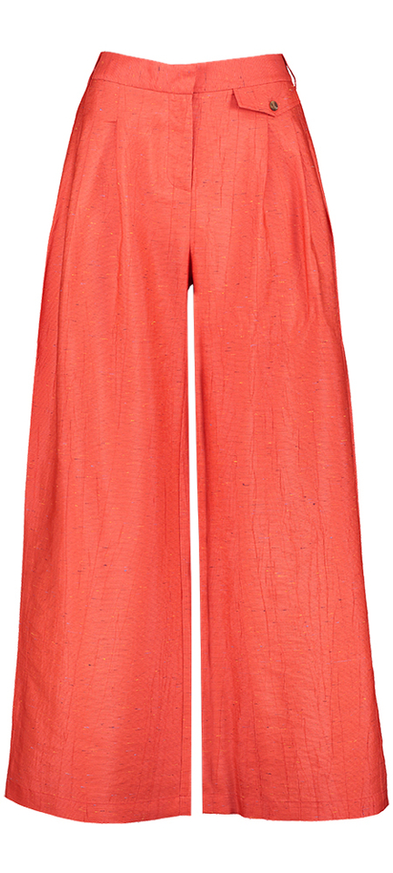 Rode gespikkelde wijde broek met bandplooi Guy Nathalie Vleeschouwer 