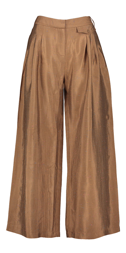 Bruine losvallende broek structuur Guy Nathalie Vleeschouwer