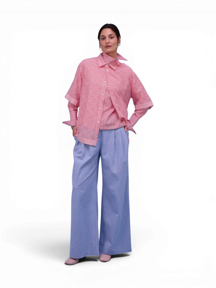 Blauwe losvallende broek structuur Guy Nathalie Vleeschouwer