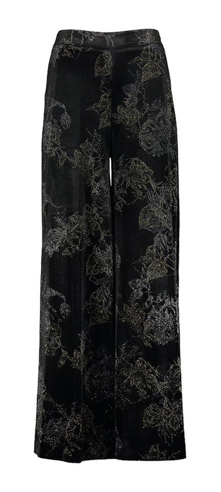 Zwarte fluwelen broek met goud en zilverkleurige print Rinascimento 