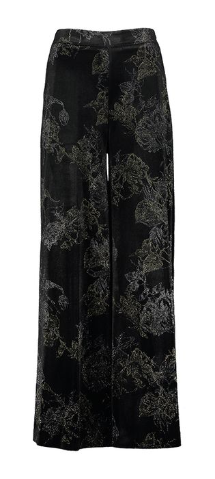 Zwarte fluwelen broek met goud en zilverkleurige print Rinascimento