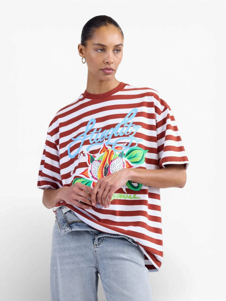 Bruine gestreepte oversized T-shirt met print Jovita Oversized T-shirt Stieglietz