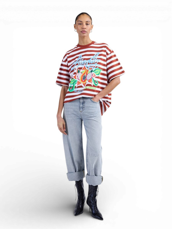 Bruine gestreepte oversized T-shirt met print Jovita Oversized T-shirt Stieglietz