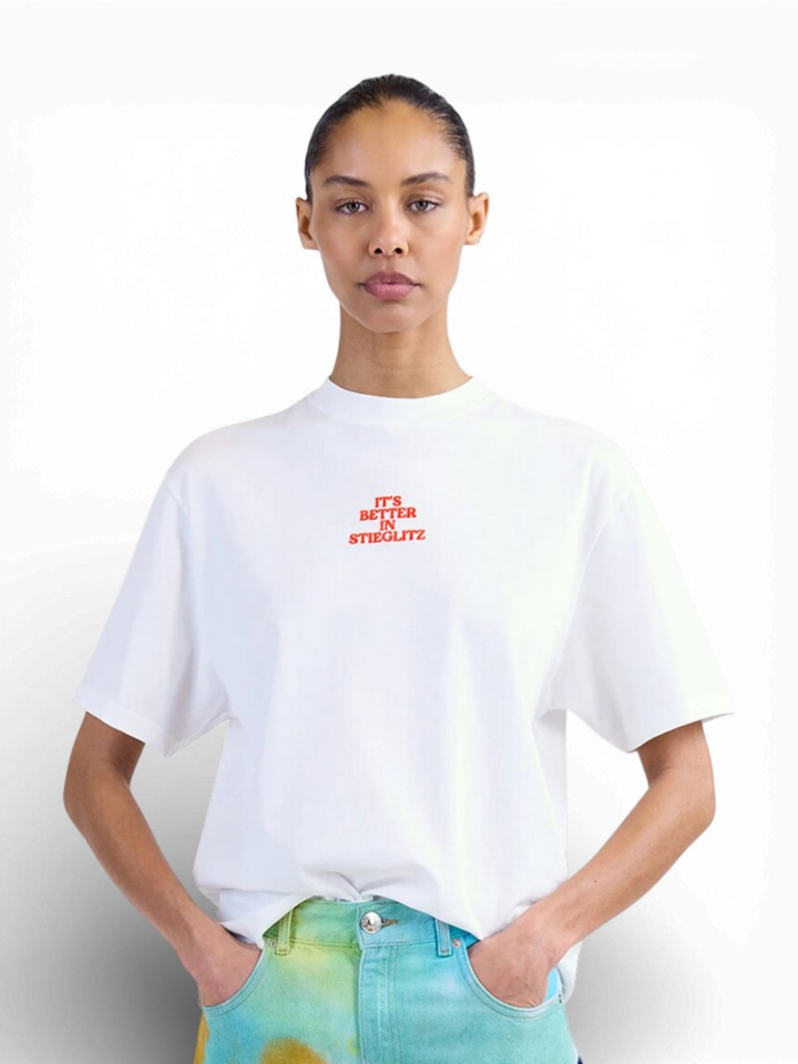 Witte oversized T-shirt met fluo tekst Branca Stieglitz