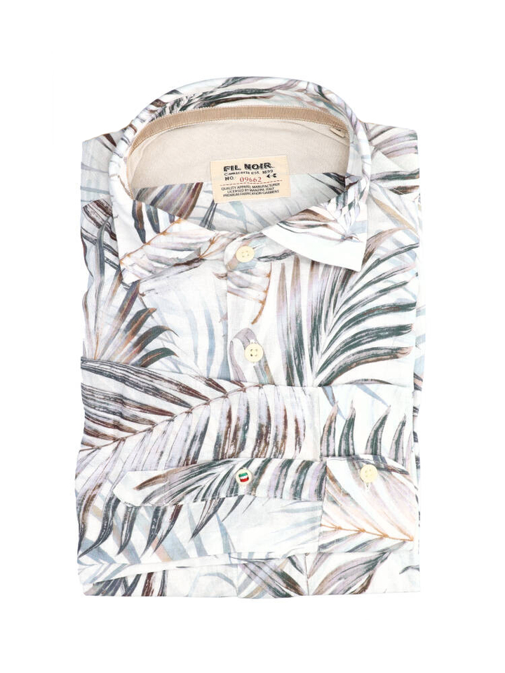 Beige linnen hemd (slim fit) met jungle vibes en lange mouwen 