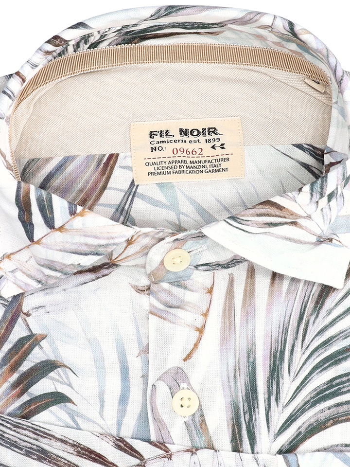 Beige linnen hemd (slim fit) met jungle vibes en lange mouwen 