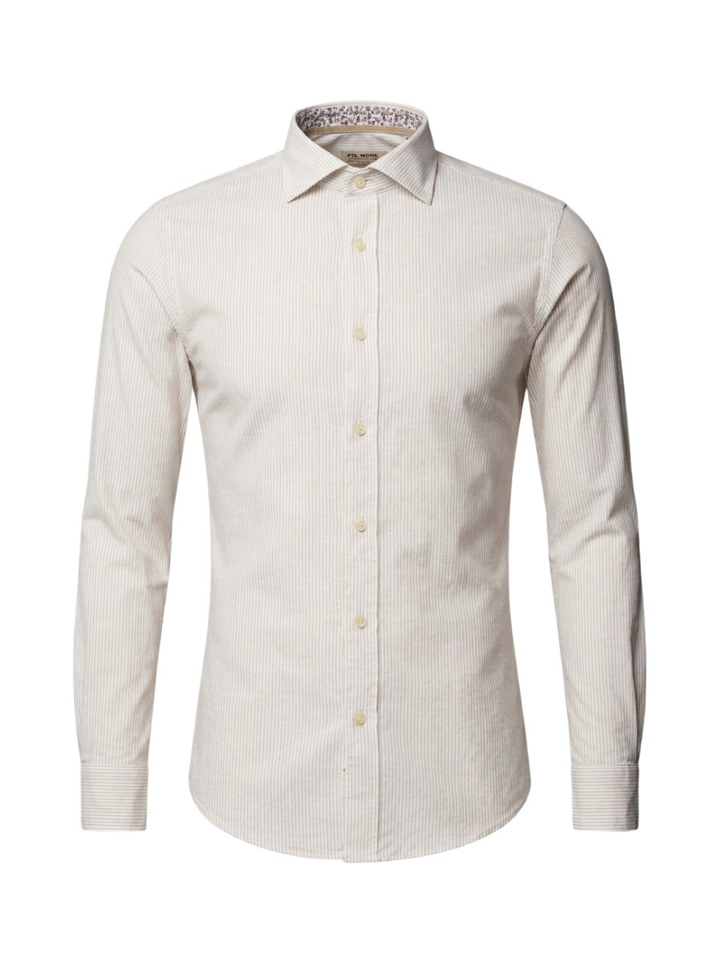 Taupe linnen hemd (slim fit) met strepen en lange mouwen Fil Noir 
