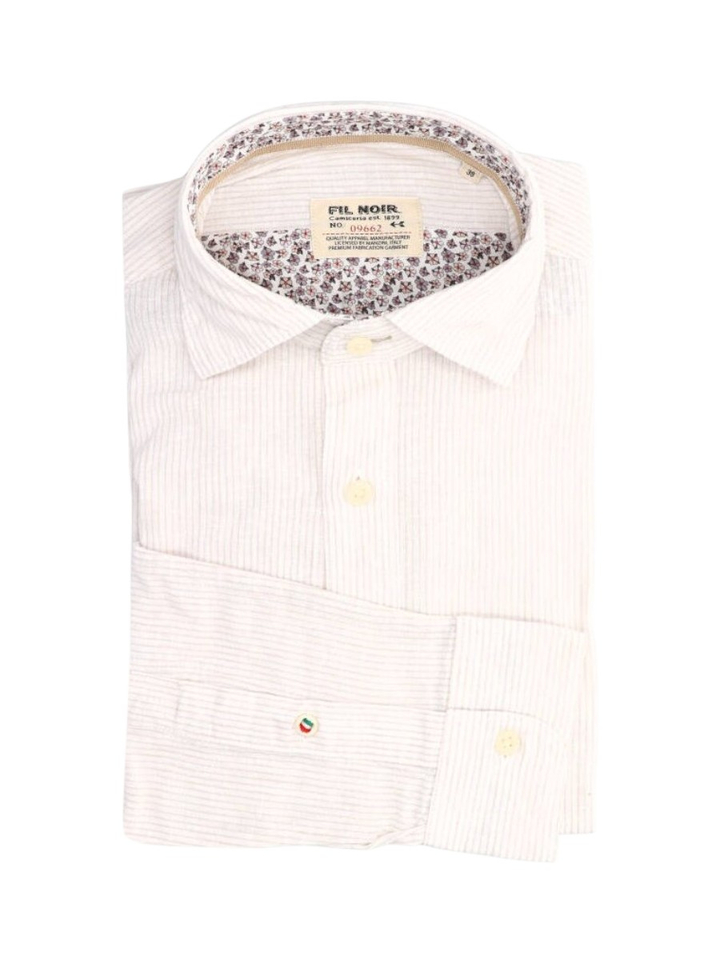 Taupe linnen hemd (slim fit) met strepen en lange mouwen Fil Noir 