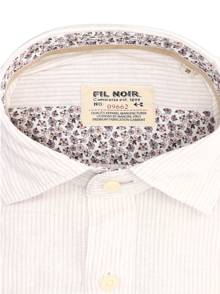 Taupe linnen hemd (slim fit) met strepen en lange mouwen Fil Noir 
