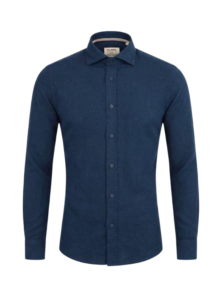 Donkerblauw linnen hemd (slim fit) met lange mouwen Fil Noir 