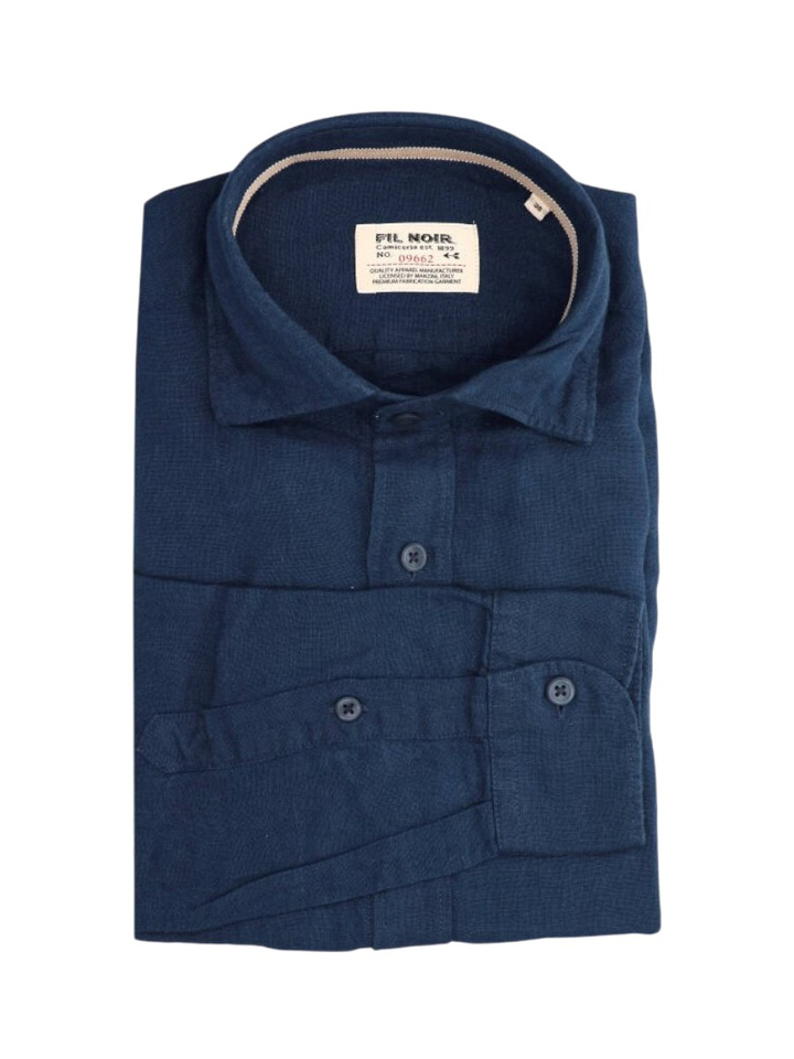 Donkerblauw linnen hemd (slim fit) met lange mouwen Fil Noir 