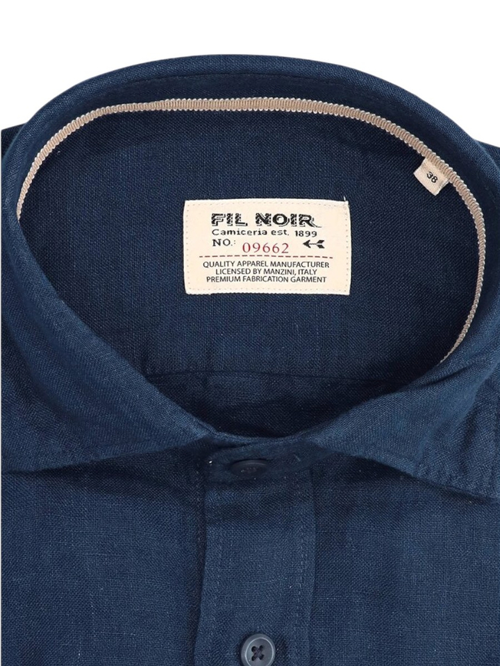 Donkerblauw linnen hemd (slim fit) met lange mouwen Fil Noir 