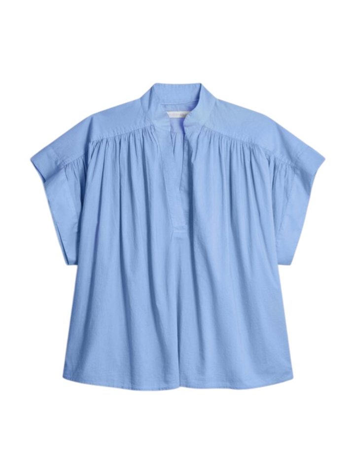 Lichtblauwe oversized blouse met plooeien en v-hals Cory
