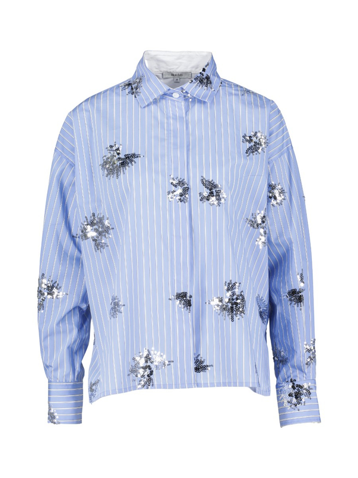 Blauwe gestreepte blouse Lynn afgewerkt met pailletjes Blue Bay