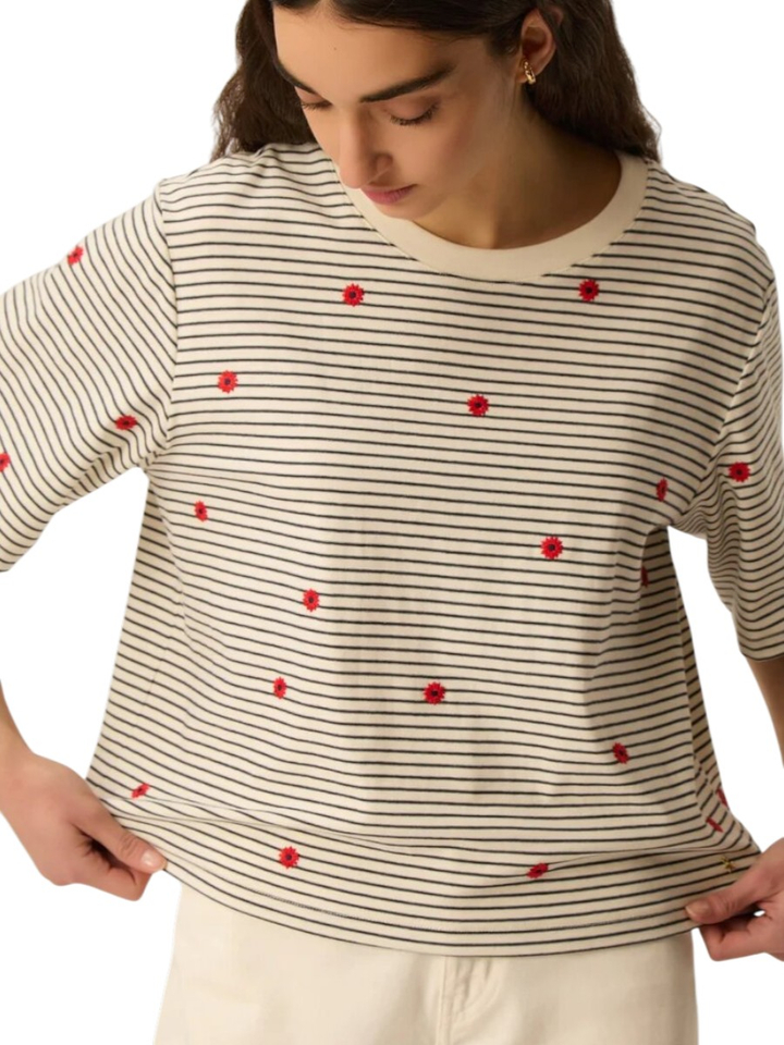Beige gestreepte T-shirt met bloemen Josef Des Petits Hauts