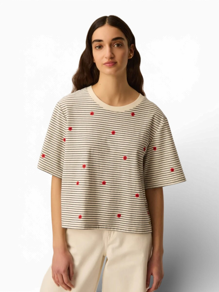 Beige gestreepte T-shirt met bloemen Josef Des Petits Hauts