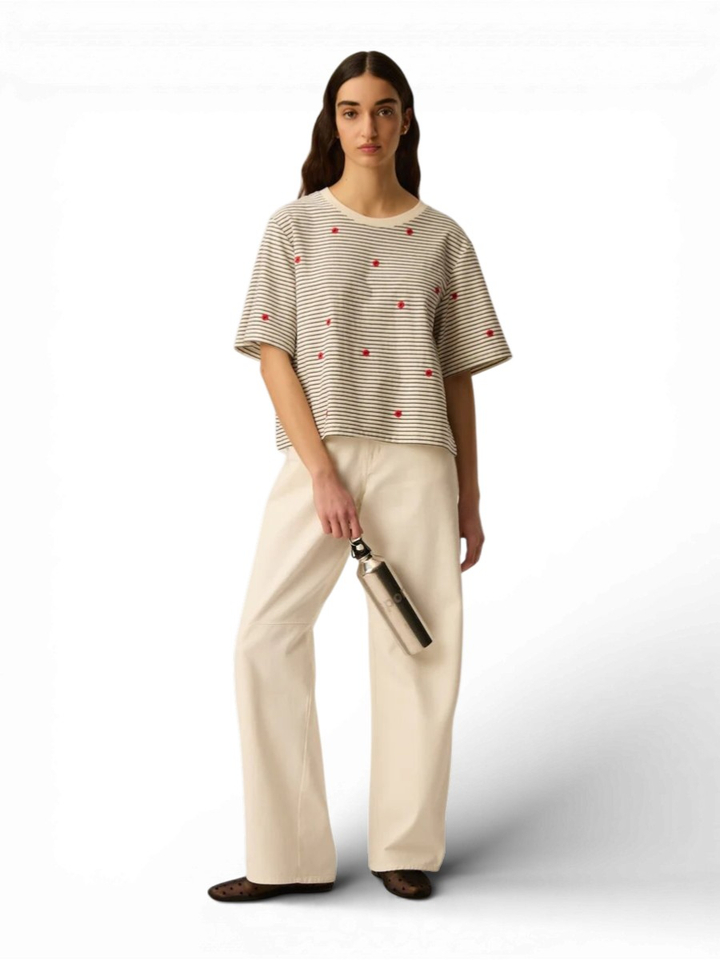 Beige gestreepte T-shirt met bloemen Josef Des Petits Hauts