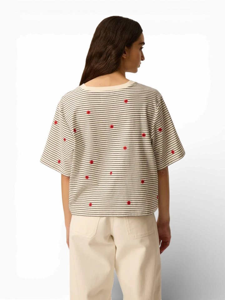 Beige gestreepte T-shirt met bloemen Josef Des Petits Hauts