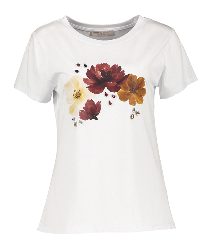 Witte katoenen t-shirt met ronde hals en bloemenprint Rinascimento