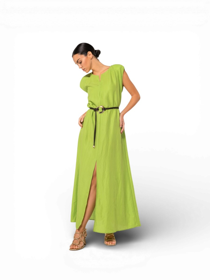 Groen casual kleed met bruine riem Caroline Biss 