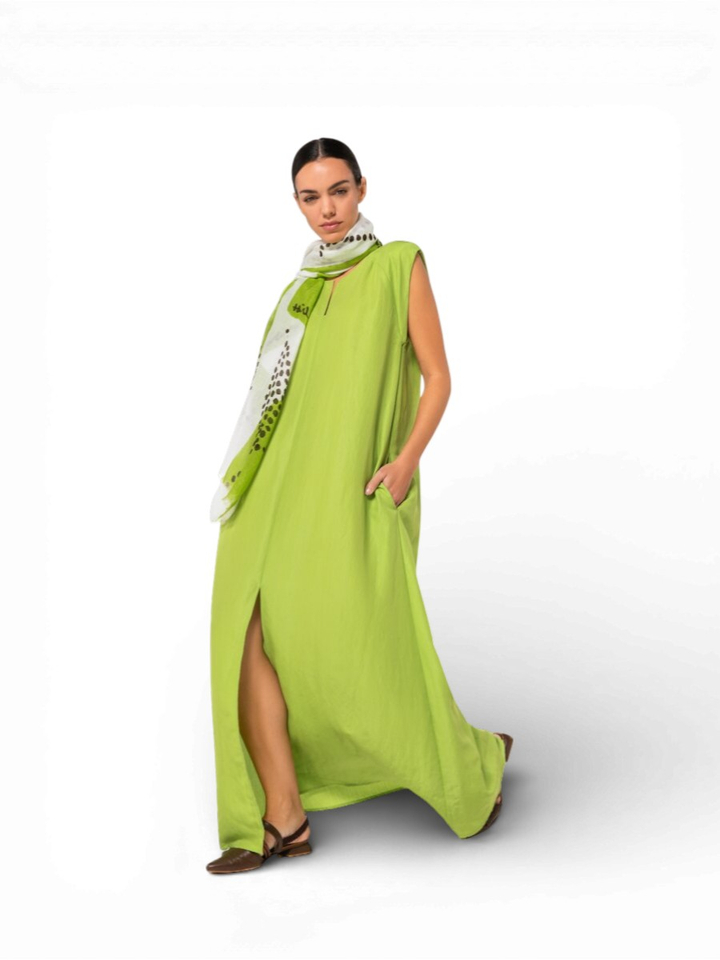 Groen casual kleed met bruine riem Caroline Biss 