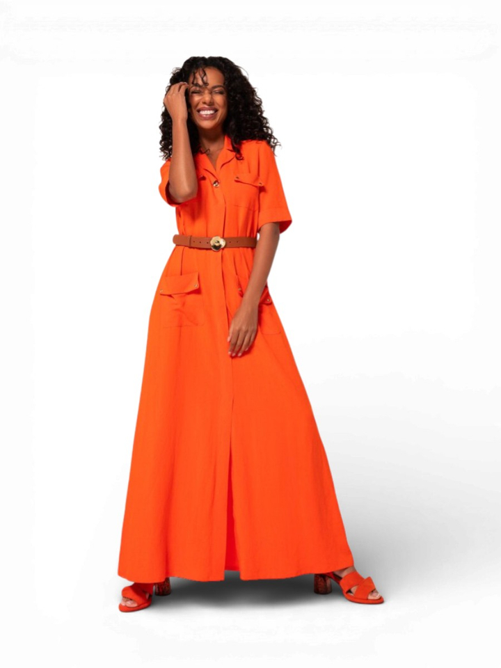 Oranje maxi-jurk met pocketdetail Caroline Biss