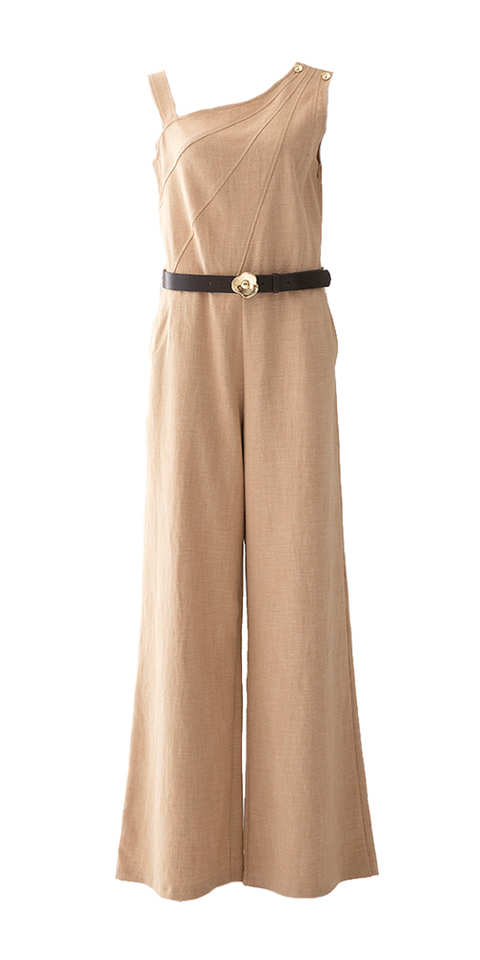 Beige jumpsuit met bruine riem Caroline Biss