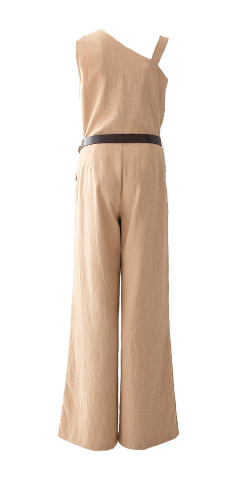 Beige jumpsuit met bruine riem Caroline Biss