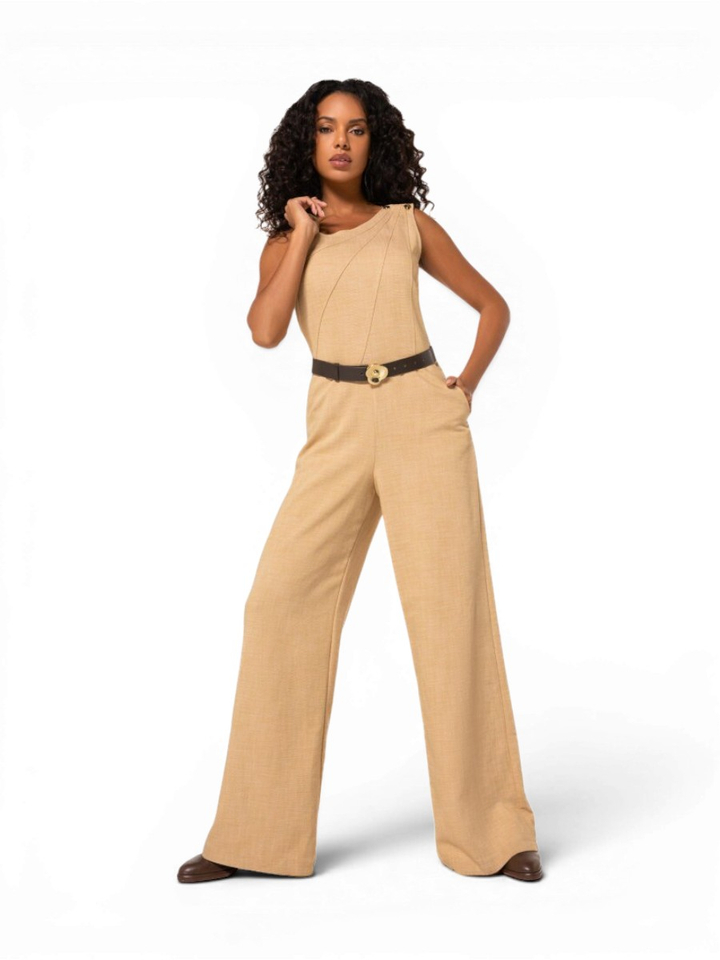 Beige jumpsuit met bruine riem Caroline Biss