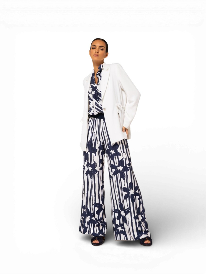 Blauwe gestreepte broek met bloemenprint Caroline Biss 