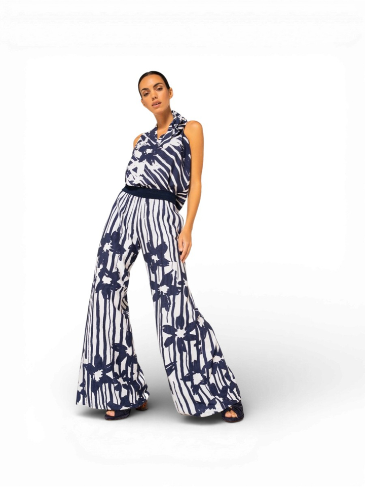 Blauwe gestreepte broek met bloemenprint Caroline Biss 