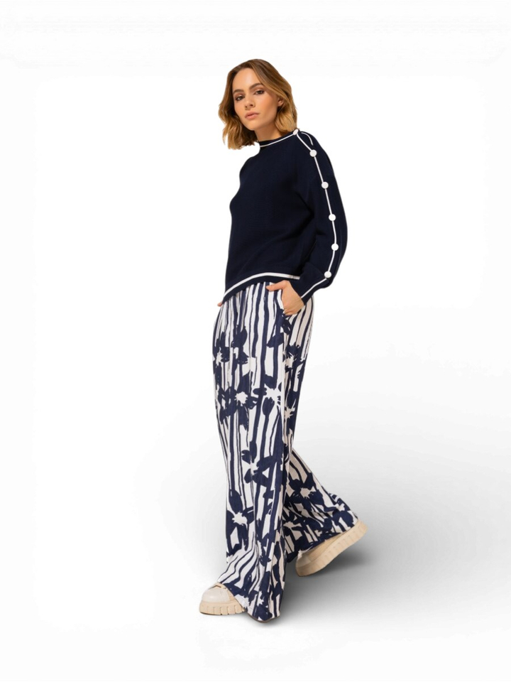 Blauwe gestreepte broek met bloemenprint Caroline Biss 