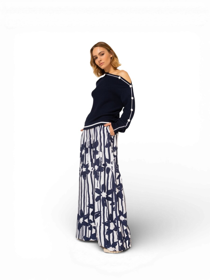 Blauwe gestreepte broek met bloemenprint Caroline Biss 