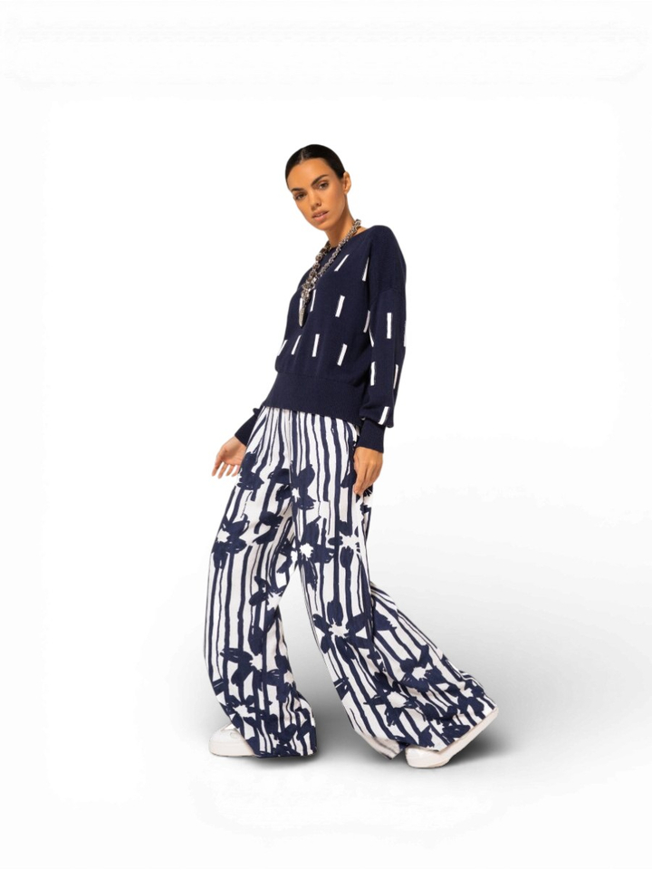 Blauwe gestreepte broek met bloemenprint Caroline Biss 