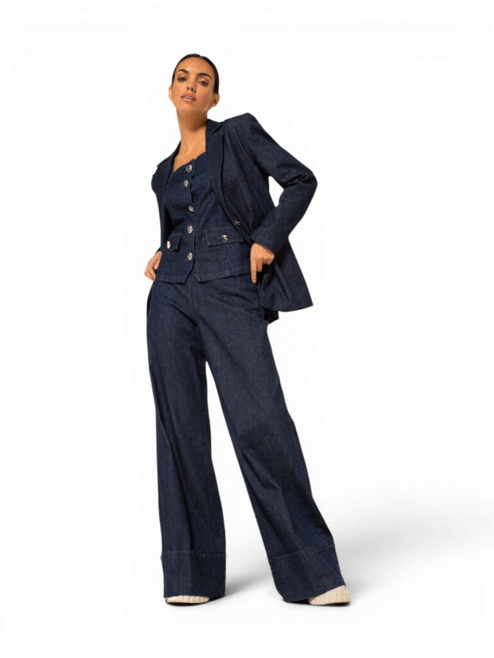 Blauwe loose fit jeans met boord en sierlijke knopen Caroline Biss 