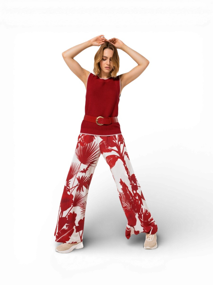 Rode broek met bloemenprint en elastiek Caroline Biss 