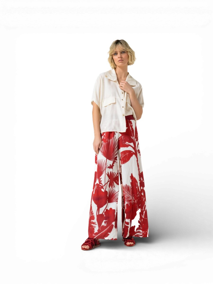 Rode broek met bloemenprint en elastiek Caroline Biss 