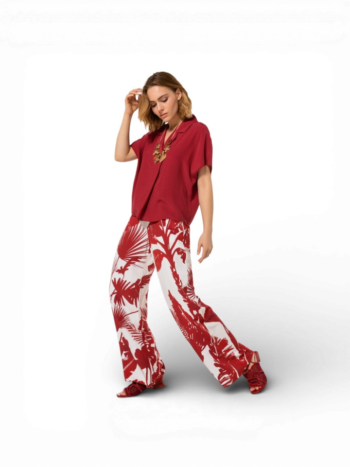 Rode broek met bloemenprint en elastiek Caroline Biss 