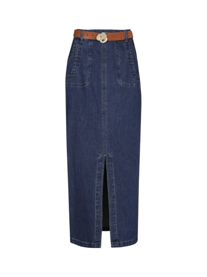 Donkerblauwe midi-rok in denim met hoge split middenvoor Caroline Biss 