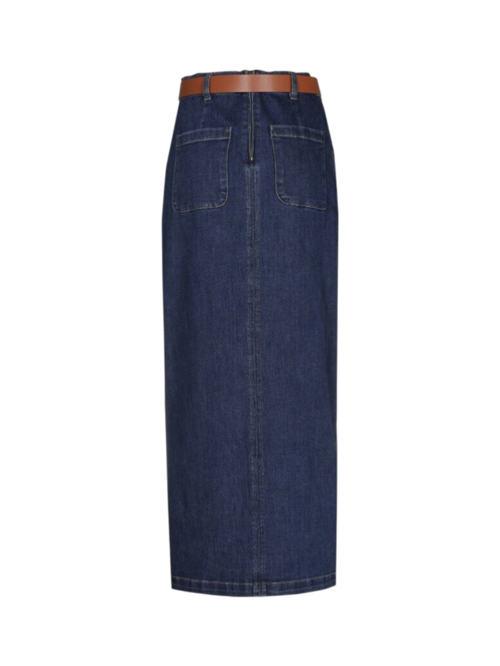 Donkerblauwe midi-rok in denim met hoge split middenvoor Caroline Biss 