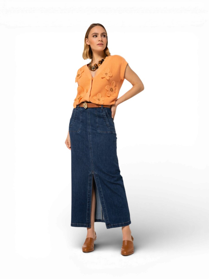 Donkerblauwe midi-rok in denim met hoge split middenvoor Caroline Biss 