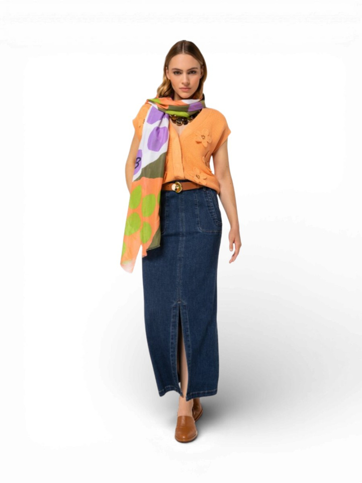 Donkerblauwe midi-rok in denim met hoge split middenvoor Caroline Biss 
