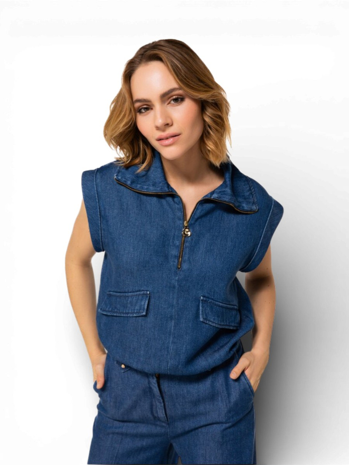 Blauwe denim top met kraagdetail Caroline Biss 