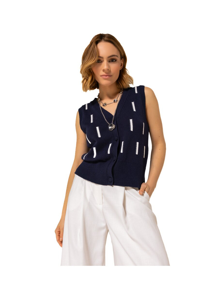 Blauwe gilet met knopen wit detail Caroline Biss